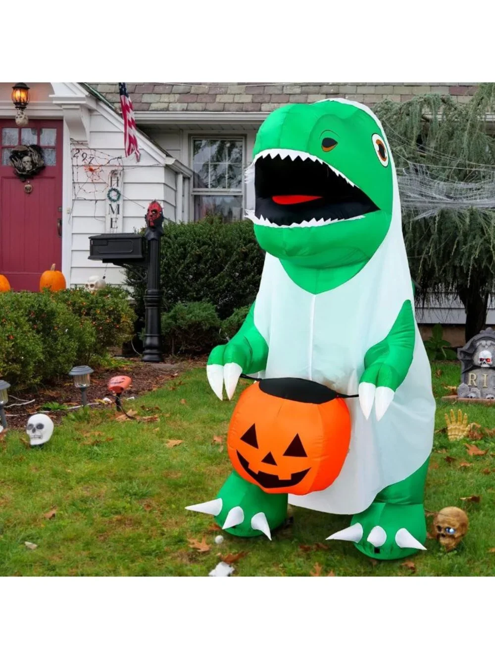 6 FT Halloween Inflatable Dinosaur with Pumpkin & Ghost - LED Yard Decor